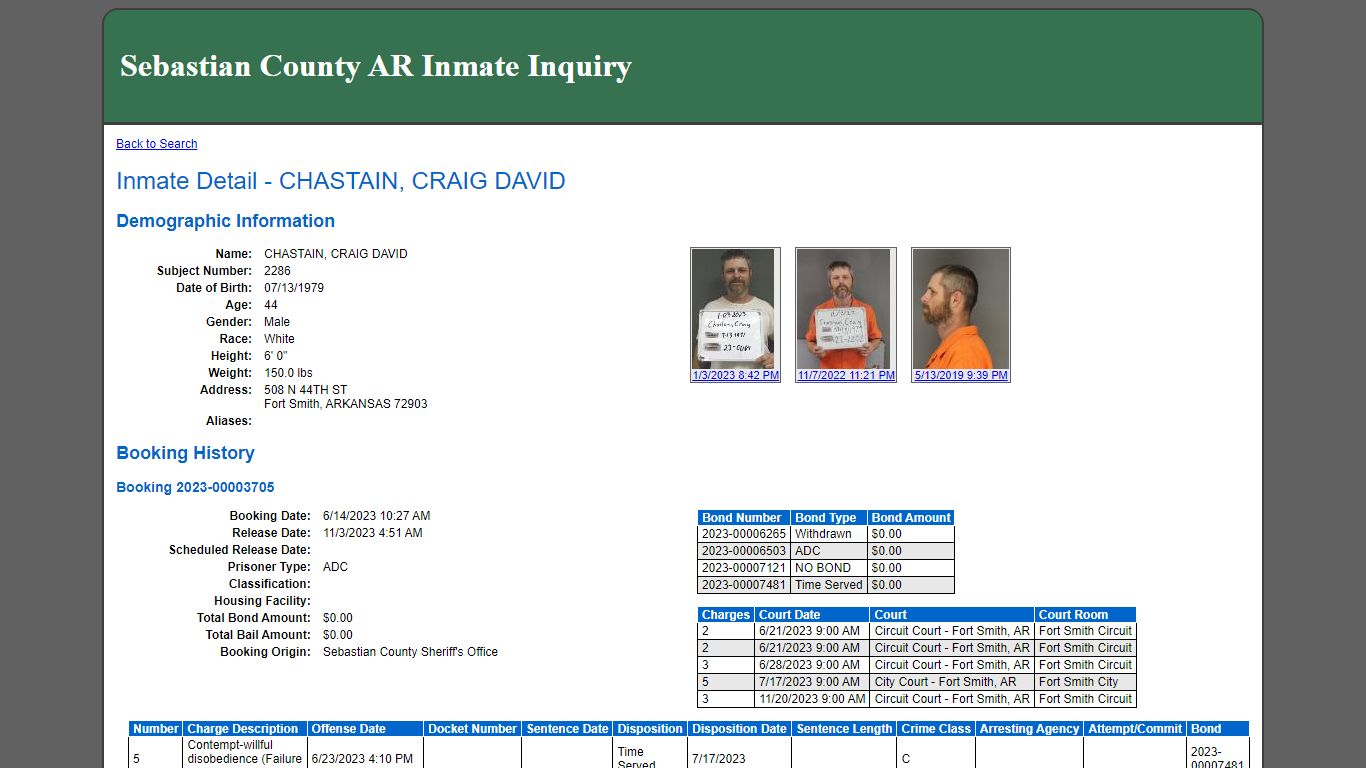 Inmate Detail - CHASTAIN, CRAIG DAVID